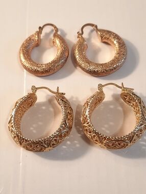 Rozgold And Gold Filled  Textured Hoop Earrings Set - Women Jewelry